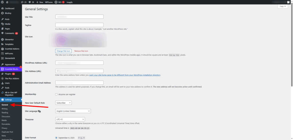 WordPress general settings