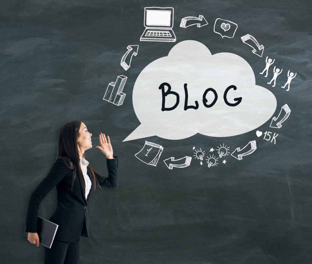 Businsswoman with abstract loud speaker sketch on chalkboard background. Blog and raising public awareness concept
