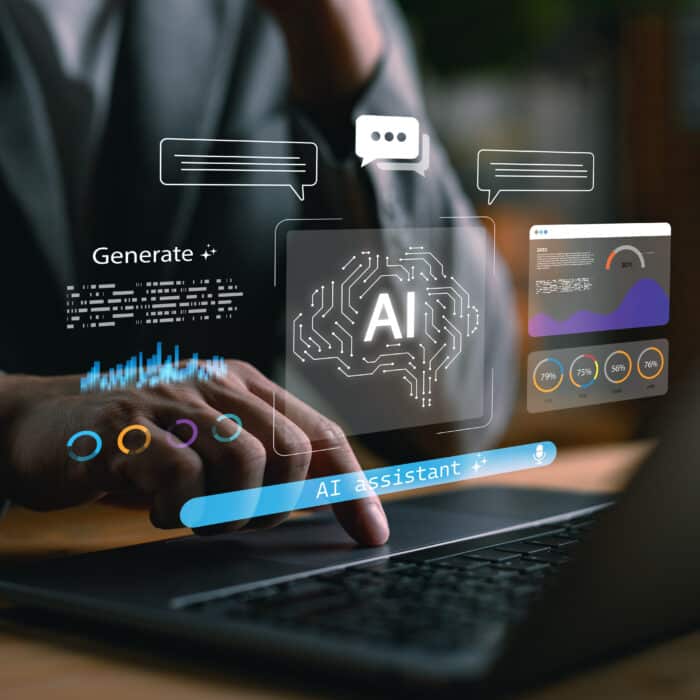 person using laptop with ai assistant