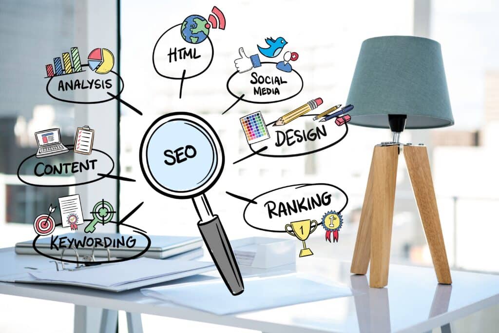 WordPress SEO Strategy digital composite of business graphics with office background