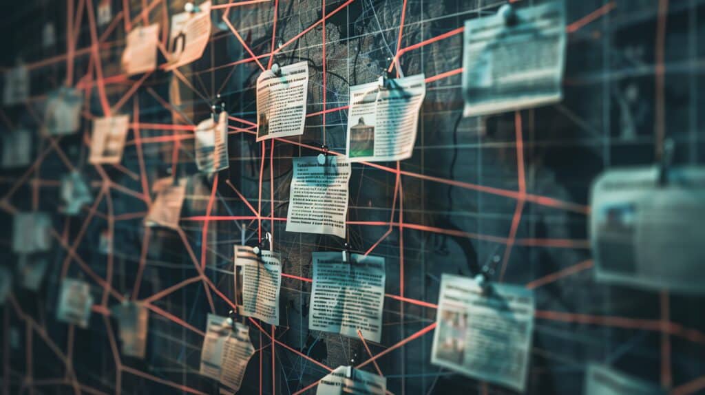 Many pieces of paper are connected with red string, creating a complex web of information.