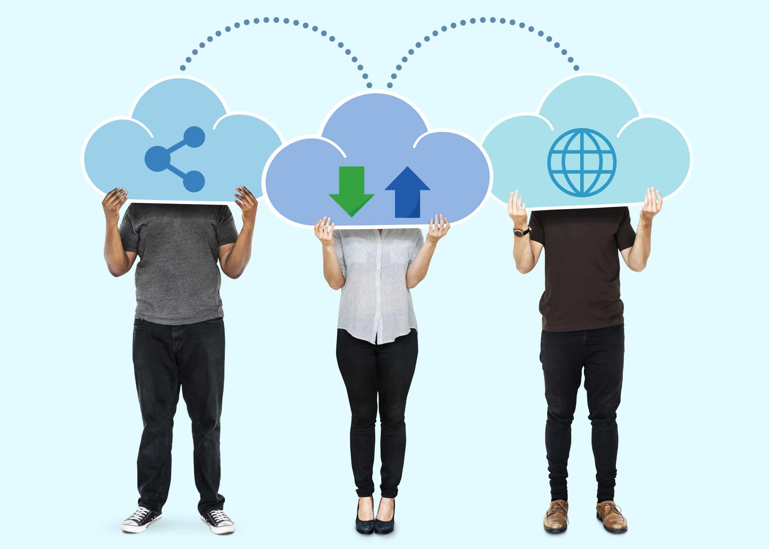 People with cloud network storage symbols